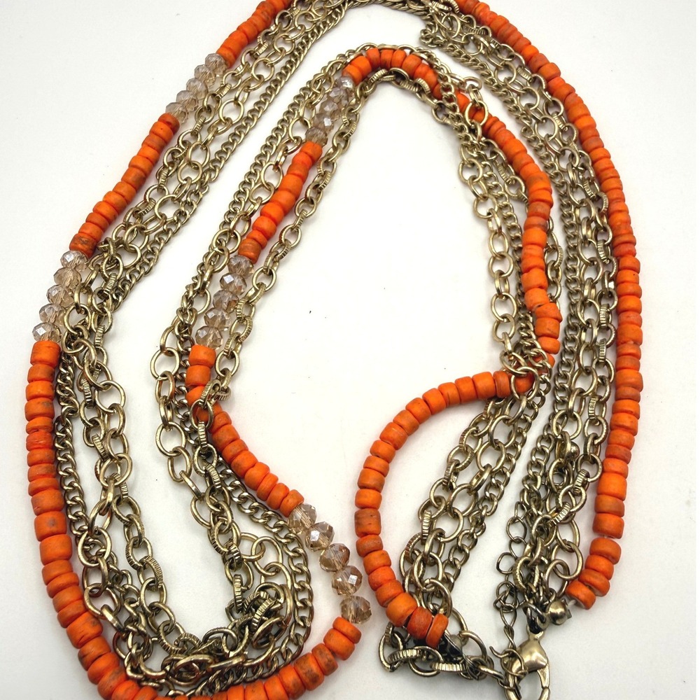 Women Multi Strand Beaded Statement Necklace Orange Gold Tone Boho Layered
